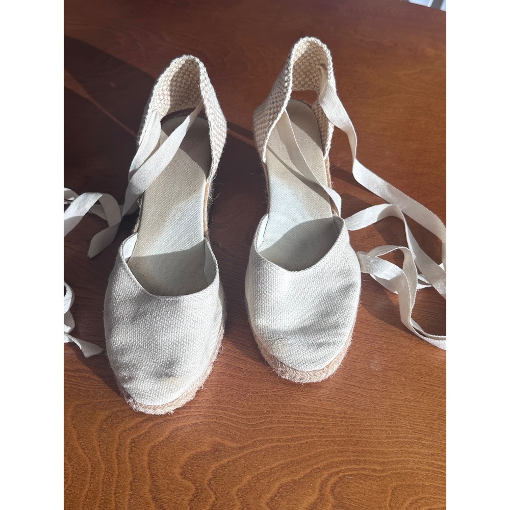 Authentic Made in Spain Canvas Espadrille Wedge Ankle Tie Sandals Cream Size 38